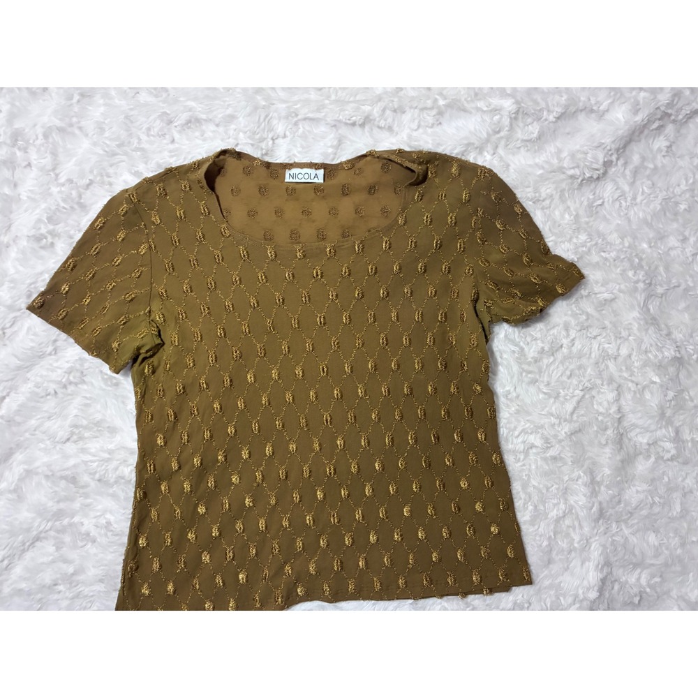 Nicola Women Textured Diamond Lattice Short Sleeve Scoop Neck Top Olive Brown